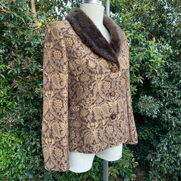 Vintage Designs by Seymour Wool Blend Faux Fur Paisley Tapestry Brown USA Jacket - Picture 2 of 8